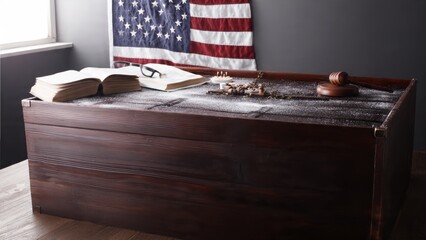 Wooden Gavel on Table with Law Books and American Flag in Background