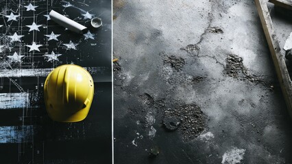 Yellow Hard Hat on Blueprint with Stars Background and Concrete Floor Details