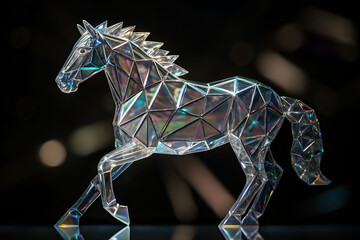 Abstract polygonal horse galloping created from sharp glass shards futuristic surreal design isolated on clean minimal background visionary artistic concept