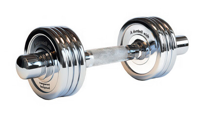 A shiny chrome dumbbell isolated on a transparent background for fitness and strength training equipment