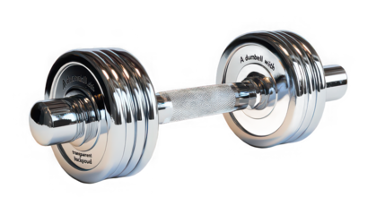 A shiny chrome dumbbell isolated on a transparent background for fitness and strength training equipment
