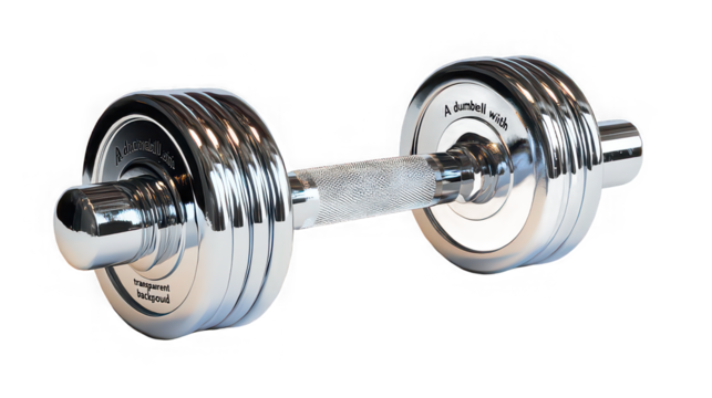 A shiny chrome dumbbell isolated on a transparent background for fitness and strength training equipment