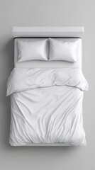 Stunning photo of top view of a bed with white sheets and pillows isolated on white background.