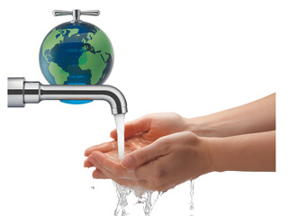 Globe-Shaped Faucet Pouring Water into Cupped Hands for Global Conservation Awareness