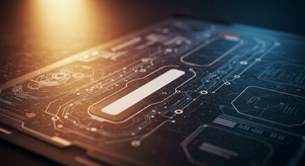 Close-up of a futuristic computer circuit board with digital pathways and glowing elements on a sleek black surface illuminated by warm light tones.