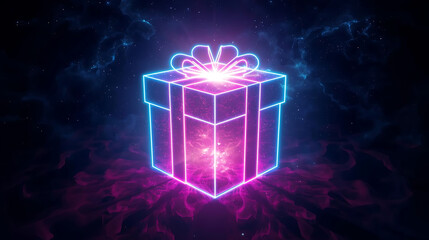 Glowing Neon Gift Box with Blue and Pink Light Outline on Dark Starry Background
