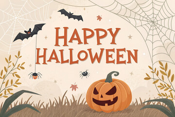 Happy halloween text banner with pumpkin,bats flying, spider, spider web, isolated on png or transparent background, font design , sale template ,website, poster, vector illustration