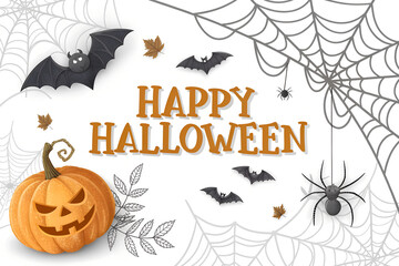 Happy halloween text banner with pumpkin,bats flying, spider, spider web, isolated on png or transparent background, font design , sale template ,website, poster, vector illustration