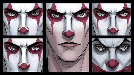 Dramatic close-up of a male clown character with striking makeup, showcasing intense expressions and emotions in a comic book style illustration, highlighting the art of performance