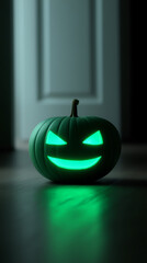 Glowing green pumpkin with a carved face, sits on a wooden floor, illuminated in a dimly lit room, creating a spooky Halloween atmosphere and inviting festive spirit