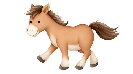 Cute cartoon horse illustration with a playful expression, trotting happily, showcasing its fluffy mane and tail, perfect for children's books and educational materials