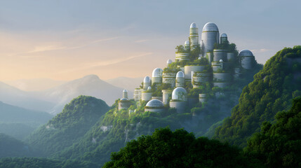 Futuristic cityscape with domed structures nestled among lush green hills, bathed in soft morning light, showcasing innovative architecture and harmonious nature