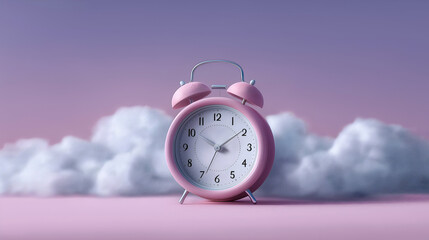 Pink alarm clock with white face and silver accents, positioned on a soft pink surface, surrounded by fluffy clouds, creating a whimsical and dreamy atmosphere of time