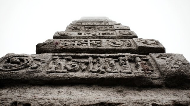 Close up view of ancient stone obelisk with intricate carvings and hieroglyphs