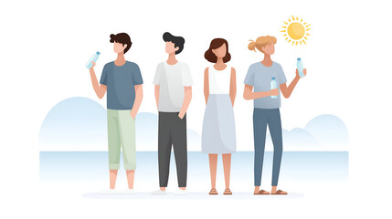 Group of diverse individuals standing together, holding water bottles, enjoying a sunny day outdoors, showcasing hydration and healthy lifestyle choices in a vibrant atmosphere