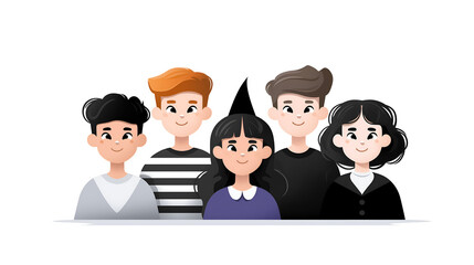 Group of five diverse cartoon characters with varying hairstyles and outfits, standing together in a friendly manner, showcasing unity and friendship in a colorful illustration