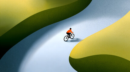 Individual cycling on winding path through vibrant green hills, showcasing dynamic movement and outdoor adventure in a serene landscape with soft gradients