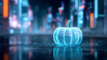 Futuristic glowing pumpkin with holographic design, set against a vibrant cityscape background, showcasing modern technology and digital artistry in a captivating scene