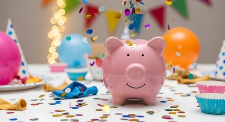 Obraz premium Piggy bank with confetti, and birthday party.