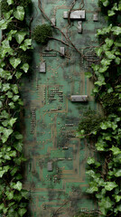 Green circuit board intertwined with lush ivy and moss, showcasing the fusion of technology and nature in a visually striking and thought-provoking composition