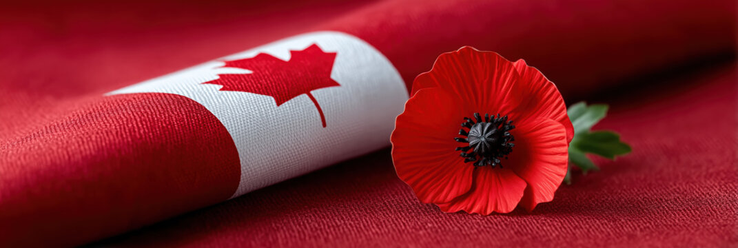 Canadian flag with red poppy flower on textured red background, symbolizing Remembrance Day on November 11, honoring veterans, sacrifice, and national pride. Horizontal banner