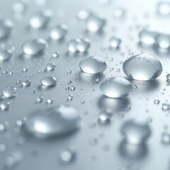 Fototapeta premium Macro closeup of clear water droplets forming on a smooth metallic surface. Small beads of liquid create a repeating pattern. The wet texture reflects light.