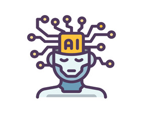 simplified robot/cyborg head with a microchip labelled AI exposed in the brain, connected to outward-spreading circuitry.