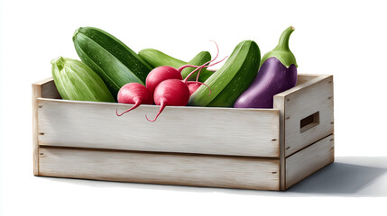 Fresh vegetables including cucumbers, radishes, and eggplants are arranged in a rustic wooden crate, showcasing vibrant colors and natural textures for healthy eating concepts