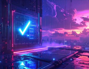 Glowing Check Mark on Futuristic Structure with Purple and Pink Sky Cityscape Reflection Digital Art Scifi Theme