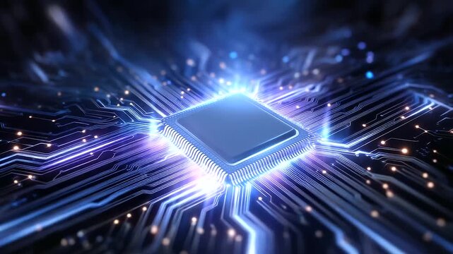A glowing AI microprocessor with intricate neon blue and purple circuitry, representing the advanced computational core that drives modern artificial intelligence technologies