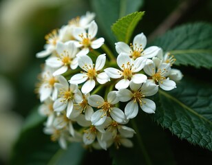 Fototapeta premium Close up of viburnum bubblegum flowers blooming. White petals surround yellow stamens. Green leaves provide backdrop. Floral springtime plant fresh, bright. Detail shows botanical beauty of nature.