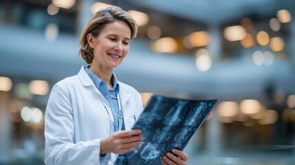 Senior female doctor in white coat holding and analyzing a patientâs X-ray, modern hospital background, focused expression, reviewing spine and abdomen carefully