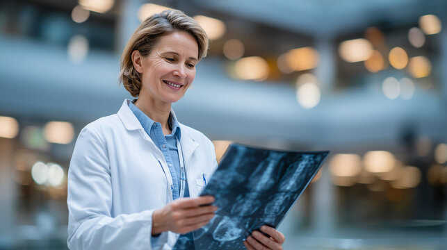 Senior female doctor in white coat holding and analyzing a patientâs X-ray, modern hospital background, focused expression, reviewing spine and abdomen carefully