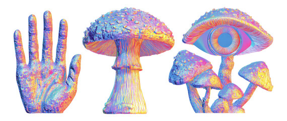 Vibrant Hand, Mushroom and Eye Illustration in Colorful Art Style