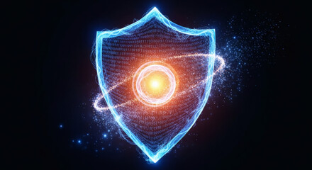 Abstract shield made of binary code and glowing particles, protecting a central core, concept of digital security and data protection, blue and orange color scheme
