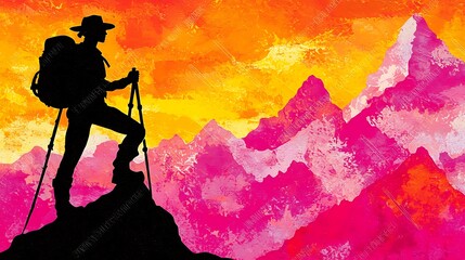 Silhouette of traveler on peak gazing at glowing horizon with orange and pink hues