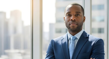 Fototapeta premium Portrait of a confident african american businessman in a suit standing by a bright window