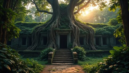 Fototapeta premium Ancient stone temple surrounded by rich plants, large tree roots at golden hour. Overgrown structure in serene jungle landscape with sunlight filtering through trees. Historic site with moss covered