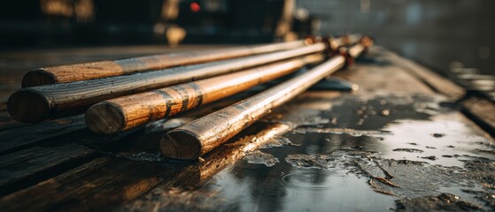 Wet Wooden Dowels - Reflective Surface and Shallow Depth of Field.