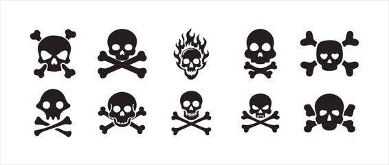 Black skull and crossbones warning symbol within a triangle danger, minimalist warning signs, safety labels,