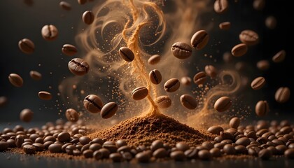 Coffee beans and grounds in artistic motion, with a central cascade and smoky effect