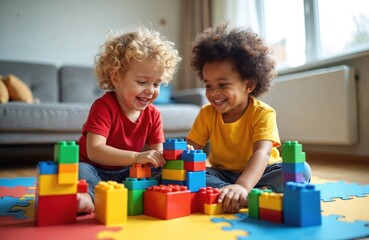 Two young kids with curly hair play together building colorful toy blocks. Diverse children smile and laugh enjoying fun learning activity indoors on floor mat.