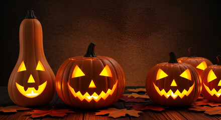 Carved Halloween Pumpkins Glowing on Wooden Surface