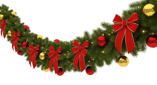 Festive christmas garland decoration with red bows and ornaments for holiday celebration