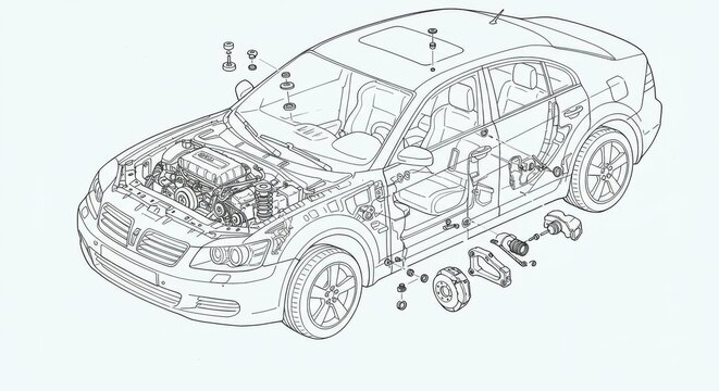 car cutaway diagram, black and white clip art preview