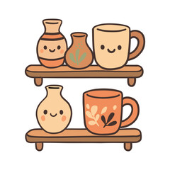Kawaii doodle vector illustration of shelves with painted clay jugs and cups with cute faces. Cozy handmade pottery in pastel colors, decorative cartoon style.
