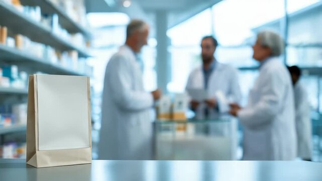 Modern pharmacy scene featuring a paper bag on the counter, symbolizing medication or prescription pickup, with pharmacists collaborating in the background, emphasizing healthcare and teamwork