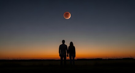 Silhouette of a couple holding hands watching a lunar eclipse during a vibrant sunset sky view