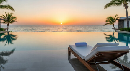 Fototapeta premium Luxury resort infinity pool overlooking a turquoise ocean, with a single sunbed and towel, golden hour, serene and exclusive travel concept
