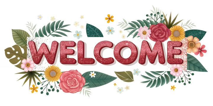 Welcome floral design: An artistic floral arrangement spells out the word 'Welcome', perfectly illustrating an invitation. A gentle, welcoming design filled with vibrant floral blooms.
